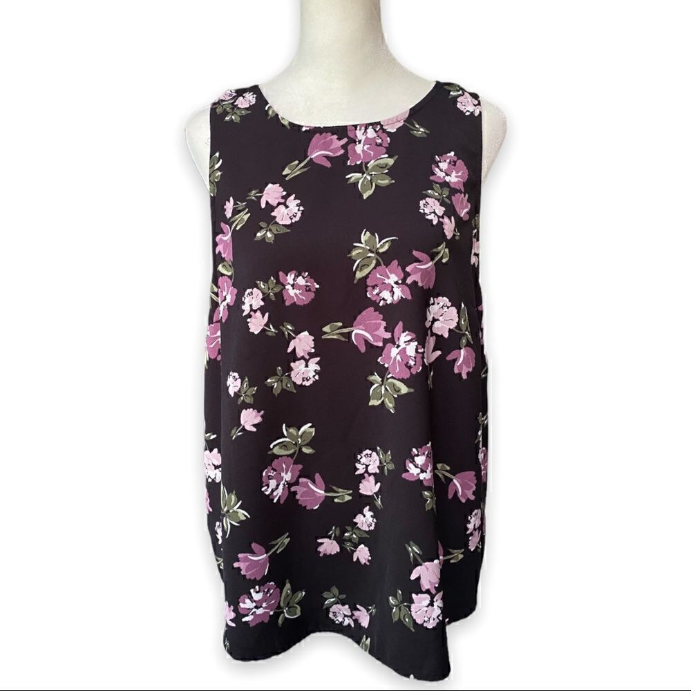 𝅺14TH & Union Black and Purple Floral Print Sleeveless Blouse | Size Large